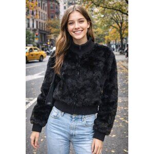 VTG Black Rabbit Fur Bomber Crop Jacket Womens L Shine NY Satin Lined